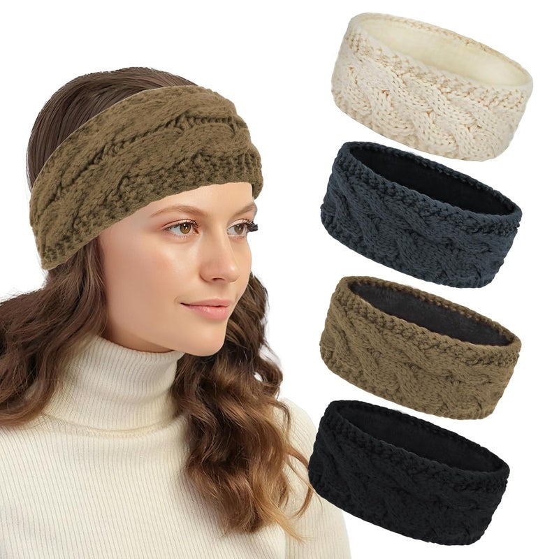 Cavetee Winter Headbands for Women, 4 Pieces Ear Muffs Crochet Soft Lined Elastic Ear Warmers for Women Christmas Gift - Image 1